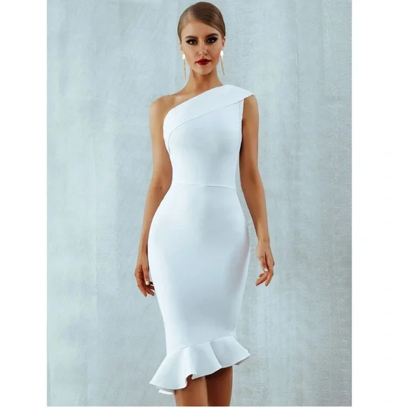 Bandage Asymmetrical Midi Dress White Ruffle Hem One Shoulder - Picture 7 of 16